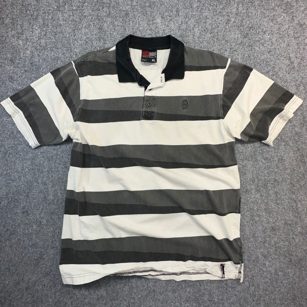 Southpole Striped Polo Shirt XL Grey White Short Sleeve Y2K Streetwear